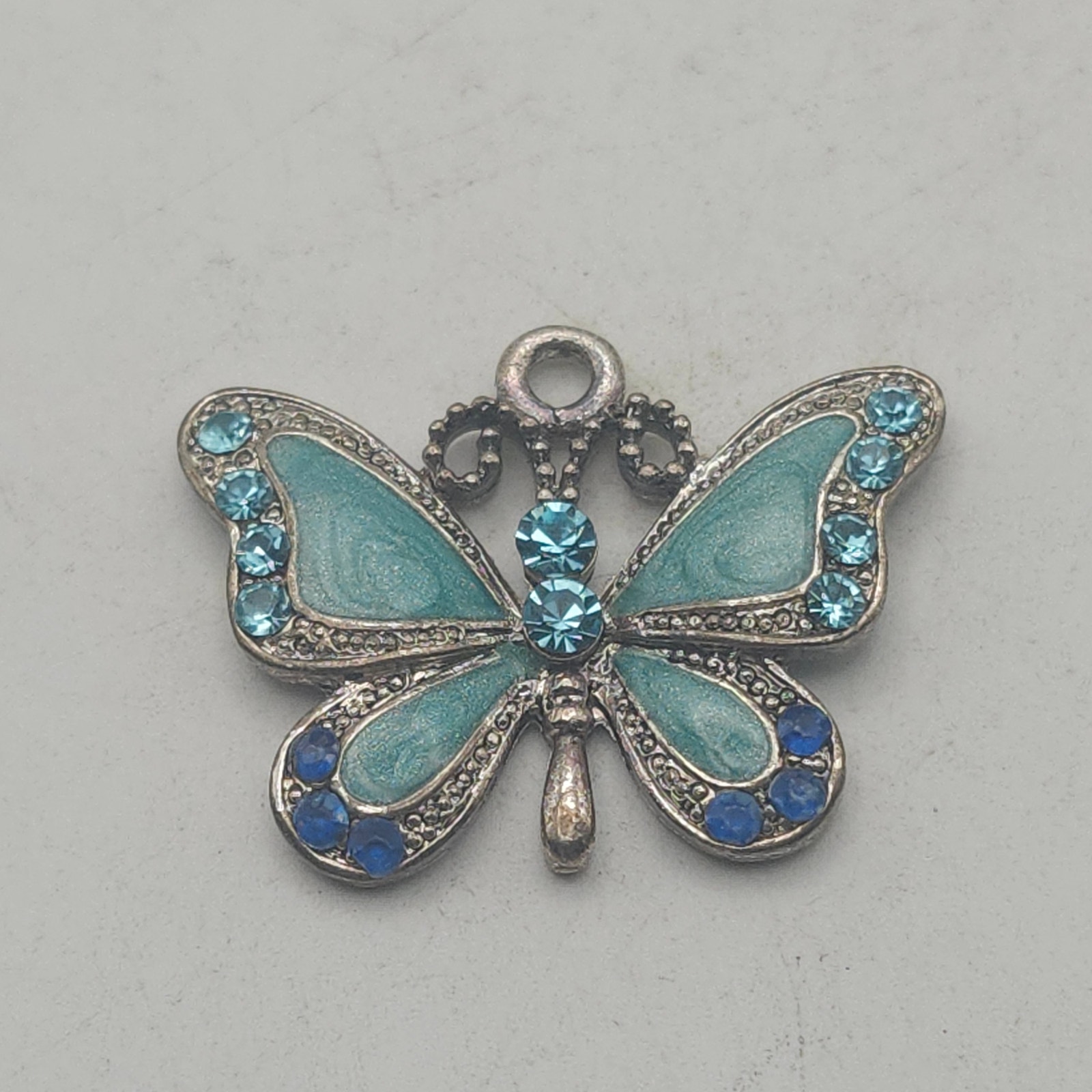 Blue Enamel Rhinestone Butterfly Charm Pendant Connector Silver Tone Findings 8$
